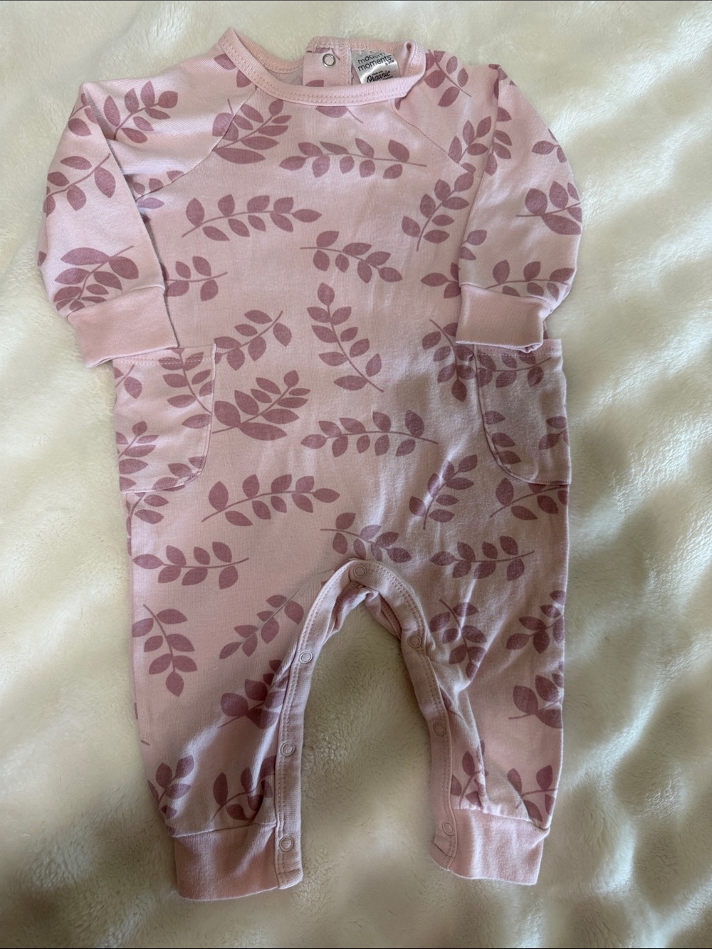 Soft Pink Leaf-Print Long-Sleeve Baby Bodysuit